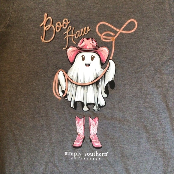 Simply Southern Youth Tee Boo Haw Ghost Cowgirl Hat Pink Boots Halloween Shirt - Picture 4 of 6